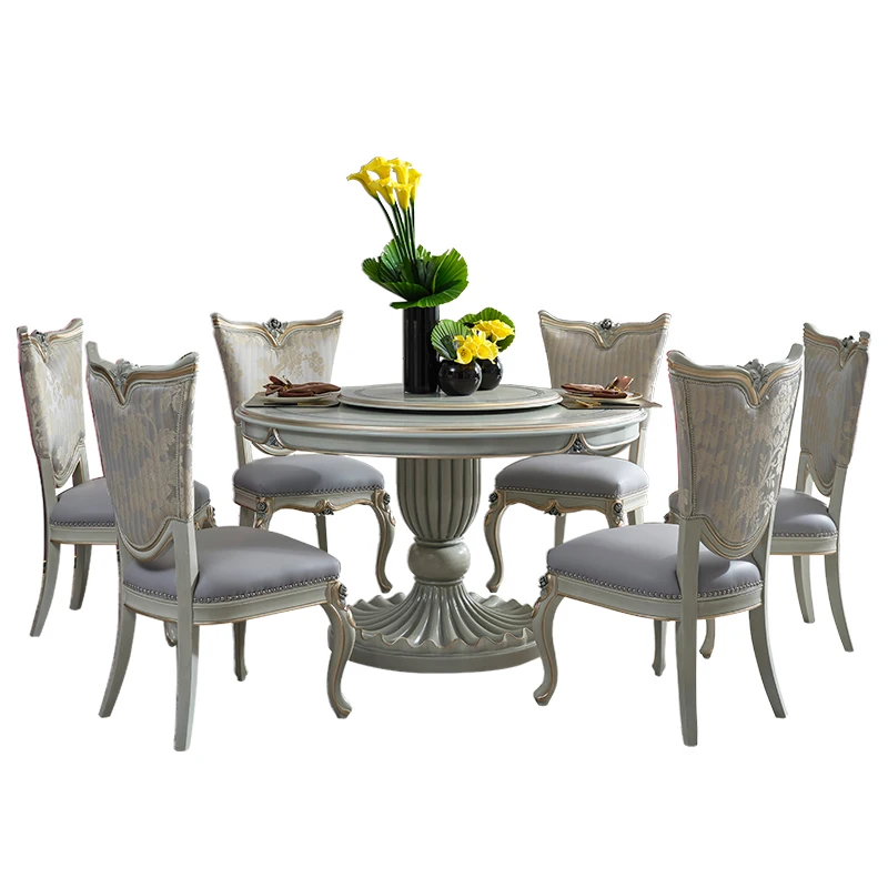 

French light luxury solid wood dining table, household European style with turntable, one table and six chairs, round dining tab