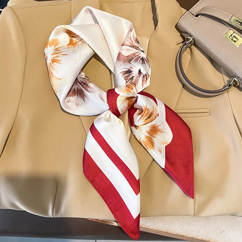 

Spring and Autumn 70*70cm Suqare Silk Scarf Women Flower Print Soft and Silky Scarf Small Hair Band Head Kerchief for Lady Hijab