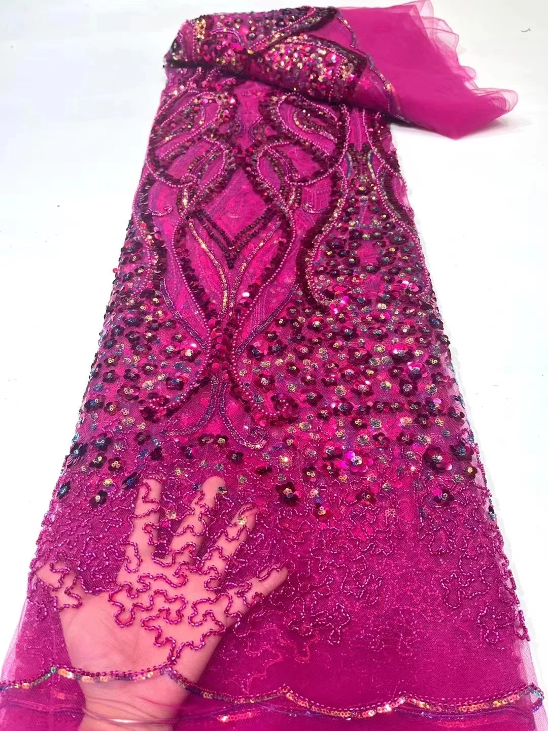 

Luxury African Heavy Beaded Wedding Fabric 2023 High Quality Nigerian Sequined Lace French Tulle Fabric For Material PL218-3