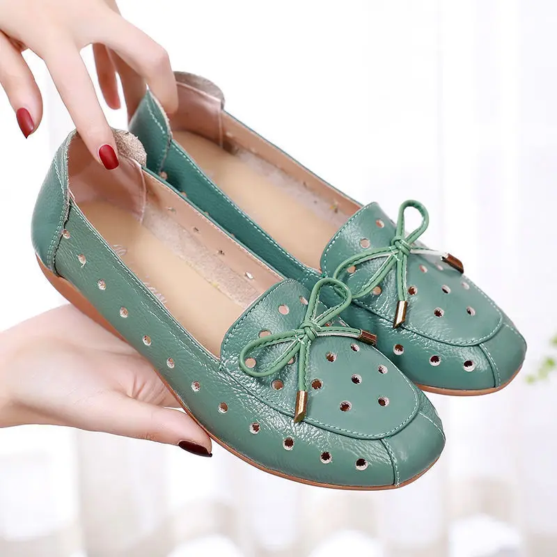 

2022 Summer Mom Moccasins Woman Slip On Wedges Shoes Designer Breathable Hollow Out Bowtie Ballet Flats