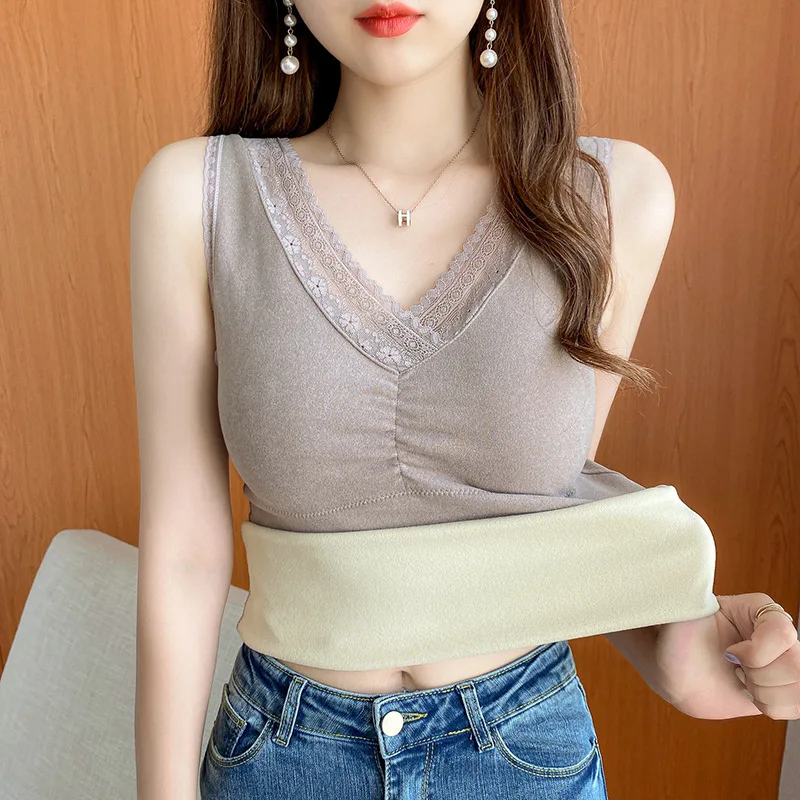 Women Thermal Underwear Fleece Lined Tops Cami Tank Vest with Bra Camisoles Winter Thermal Shirt Inner Wear Thermo Undershirt