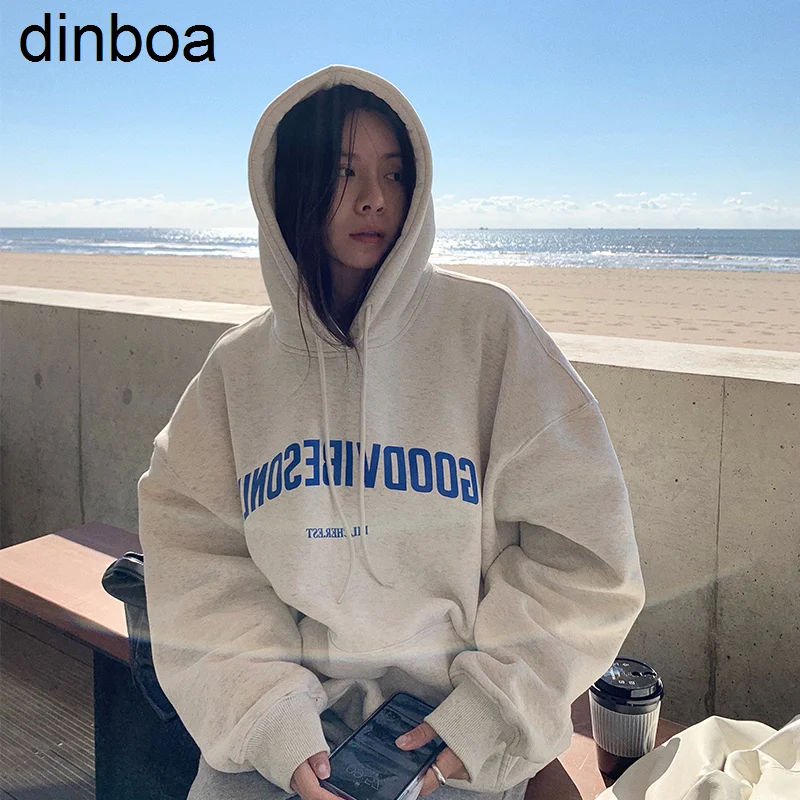 

Womens Clothing Grey Vintage Street Sweatshirt Hoodie Letter Printing Long Sleeves Casual Warm Oversize Baggy Ladies Tops Autumn