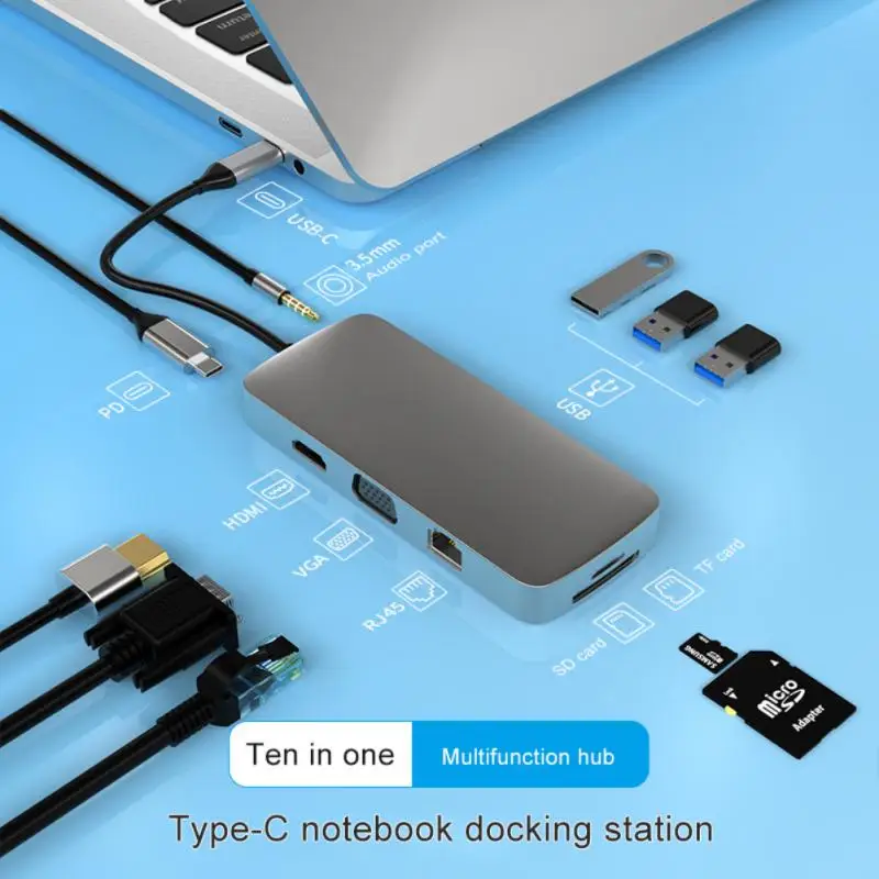 

1080p@60hz Type C Extensor Aluminum Alloy 5gbps Type-c Docking Station 10 In 1 Usb-c Hub For Laptop Macbook Portable