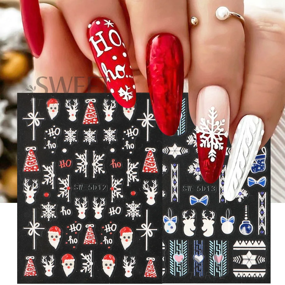 2022 New 5D Christmas Nail Stickers INS Stereo Relief Snowflake Elk Bells Winter Nail Stickers Nail Art Decorations