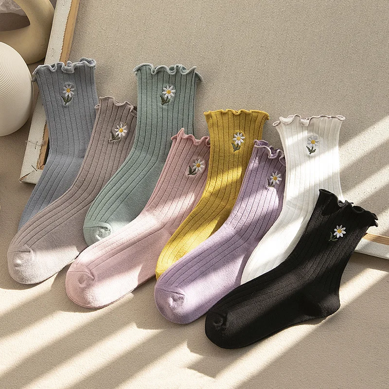 Spring Cotton Sweet Lace Socks Women's Socks Fashion Versatile Ear Edge Flower Socks Embroidery Japanese Kawaii Stacked Socks