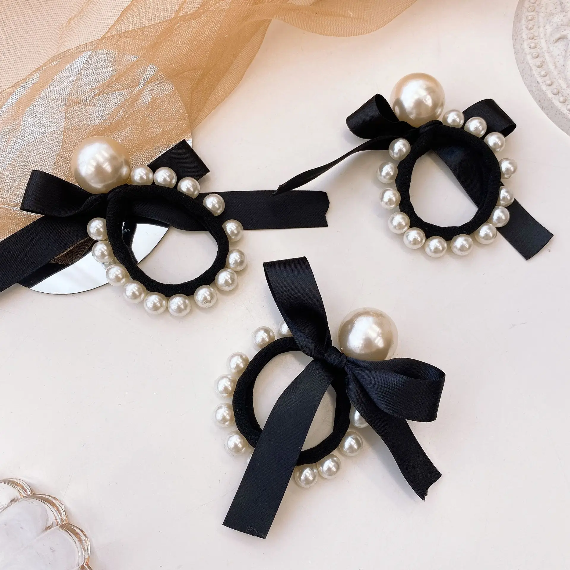 

Korean Satin Bowknot Pearl Elastic Hair Bands Black Satin Bow Beads Rubber Bands for Women Girls Hair Ties Gum Accessories