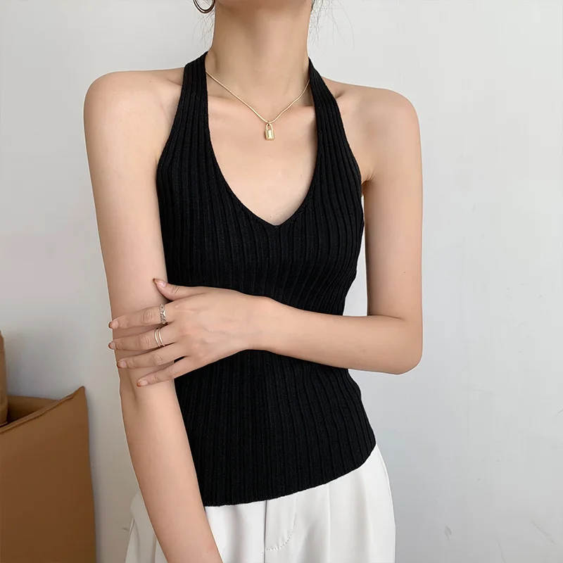 

Женский свитер с лямкой на шее, облегающий вязаный свитер, жилет без рукавов с открытой спиной, трикотажная одежда, весенний винтажный Повсе...