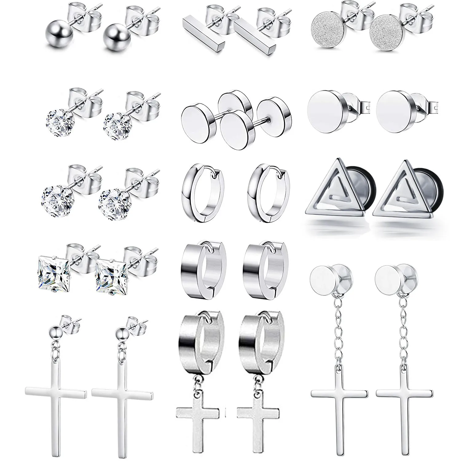 

14 Pairs Stainless Steel Dangle Hinged Cross Stud Earrings for Men Women Hoop Earrings Huggie Silver Tone Ear Piercing