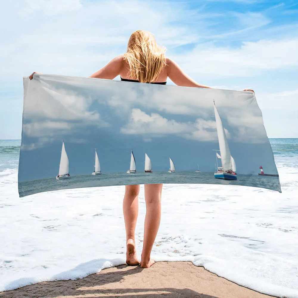 

Sea Sailing Boat Blue Sky White Clouds Bath Towel Camping Bathroom Accessories Microfiber Beach Towel Bath Towels for Adults
