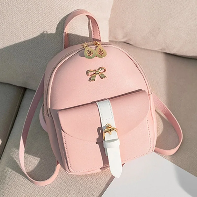 

Women Mini Backpack Brand Design PU Leather Backpack Girls Student Solid Color Small School Bags Bow-knot Leaf Hollow Zipper Bag