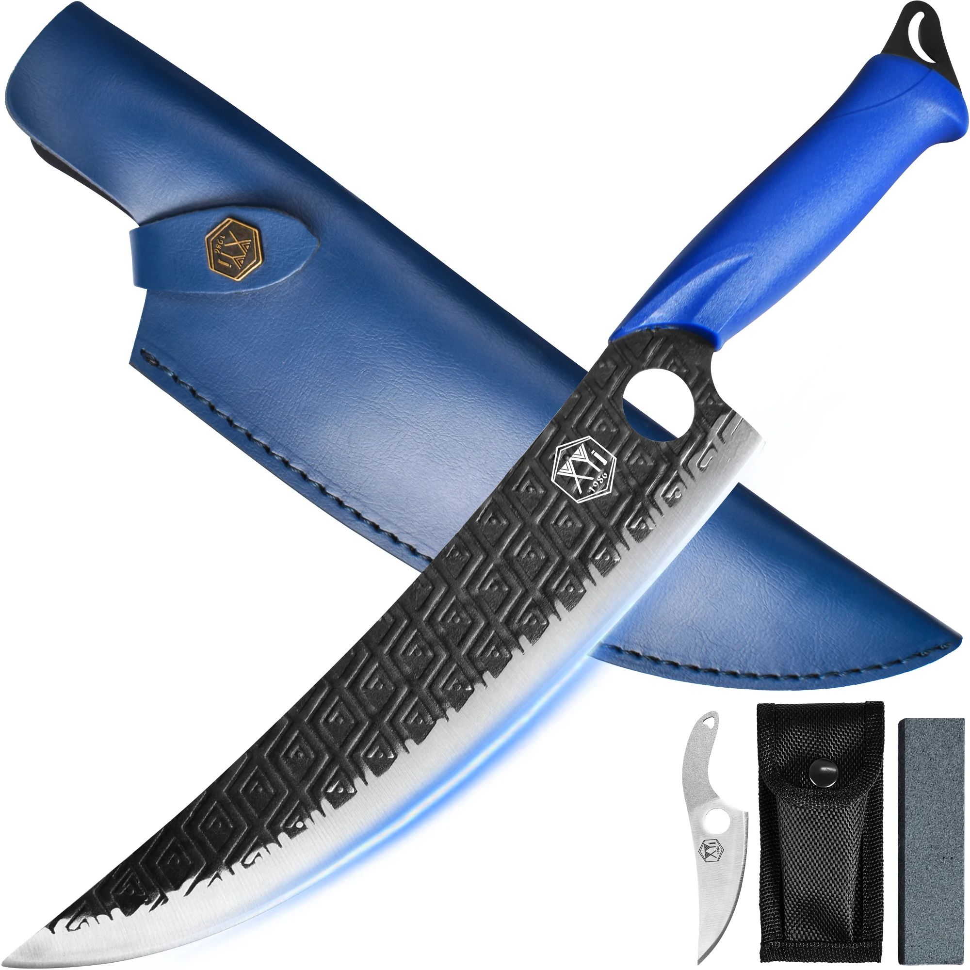

XYj Camping Boning Knife Full Tang Slice Butcher Knives With Leather Sheath Pocket Knife Finger Hole Blade Outdoor Cooking