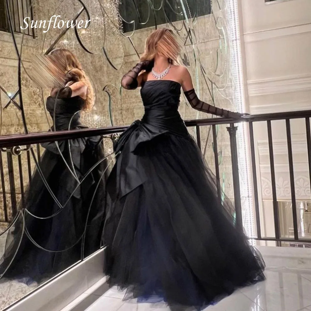 

Sunflower Simple Black Strapless Tulle Formal Evening Dress 2023 Slim Floor-Length Half-sleeve A-LINE High-end Custom Prom Gown