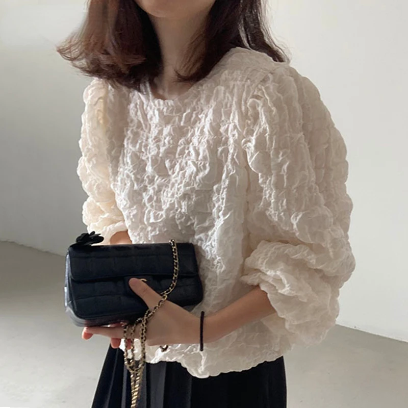 

NEW 2023 Neck Loose Blusas Korea Chic Autumn Simple Ladies Shirt Fold Design Bubble Cotton Long Sleeve Womens Blouses Top
