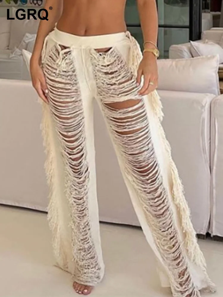 

LGRQ 2023 New Autummn Fashion Women Clothes High Waist Tassels Broken Holes Straight Hollow Out Full Pants Trousers WY25701L