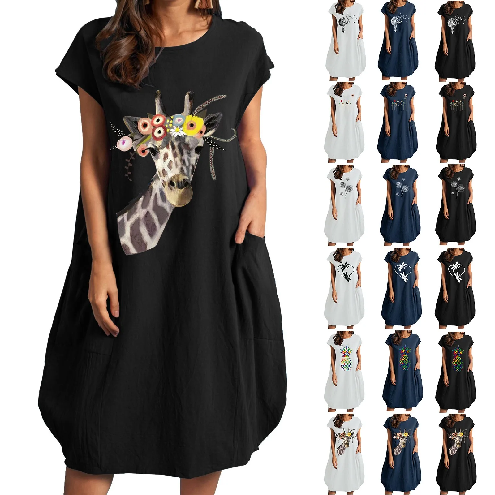 

Women Giraffe Printing Loose Short Sleeve Dress Women Summer Round Neck Dresses With Lace Dresses with Bell Sleeves for Women