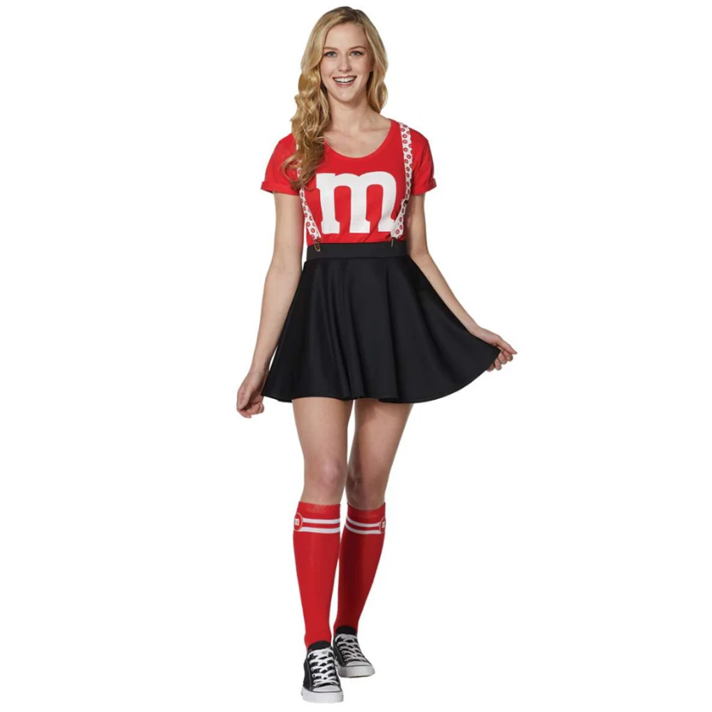 Фото Женский костюм M&M's для взрослых, комплект для Хэллоуина, женская футболка, черная юбка, комплект с чулками для веселой вечеринки №3