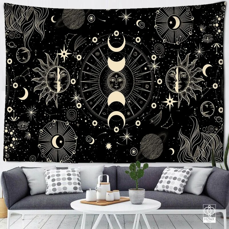 

White Black Sun Moon Mandala Starry Sky Tapestry Wall Hanging Bohemian Gypsy Psychedelic Tapiz Witchcraft Astrology Tapestry