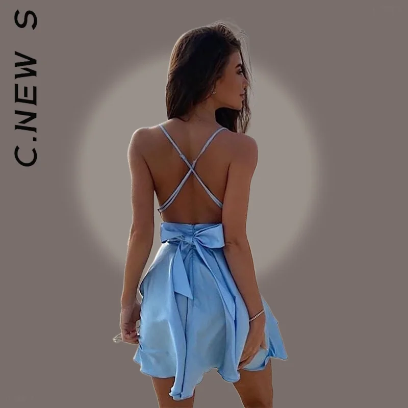

C.New S New Dress Long Sleeve Cross Party Women Leisure Temperament Dresses Mini Satin Vintage Stylish Outfits Clothing Female