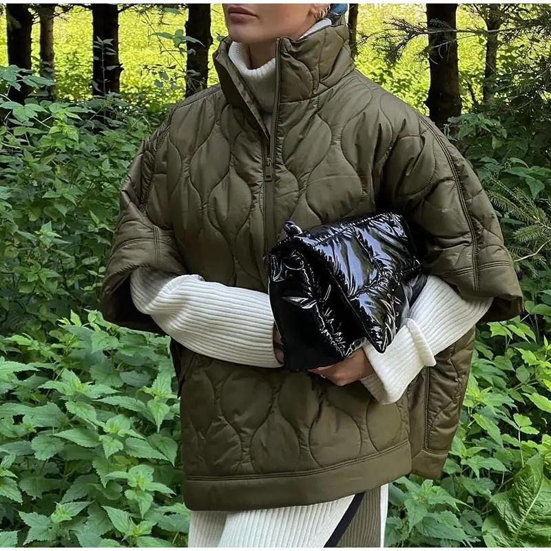 2022 Women Army Green Winter Quilted Parkas Female Casual Long Sleeve Pocket Single Breasted Curved Hem Jacket Coat