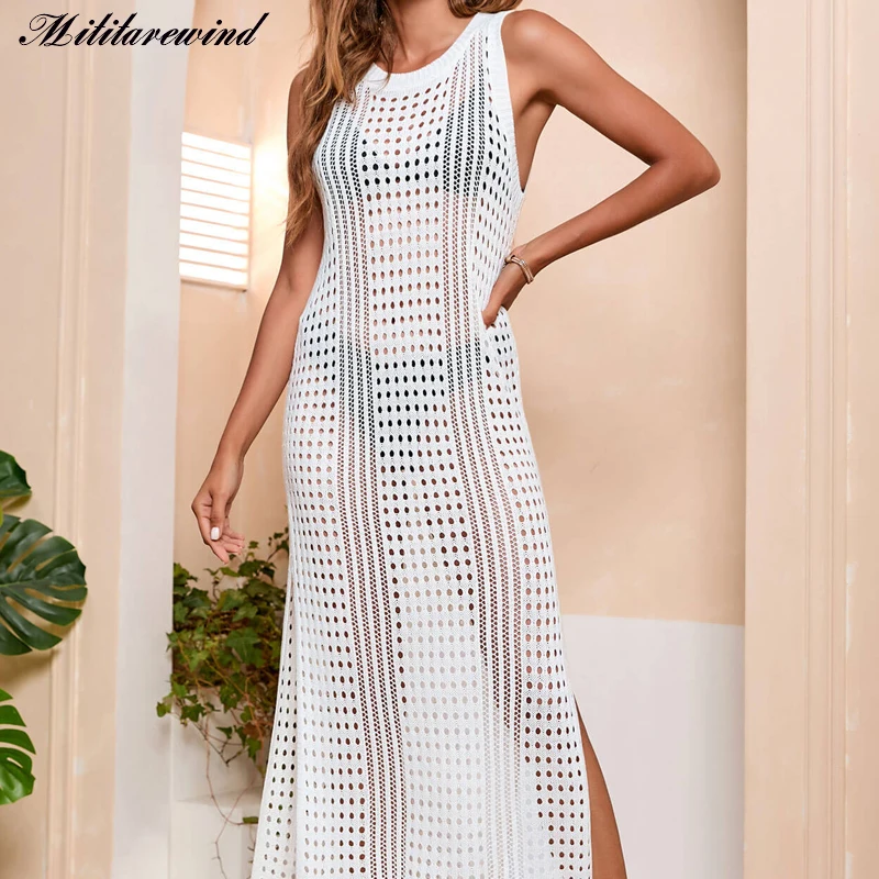 

Summer Beach Bikini Knitted Cover Up Sexy Hot Hollow Out Hole Sheath Sleeveless Bodycon Sunscreen Clothing Femme Split Dresses