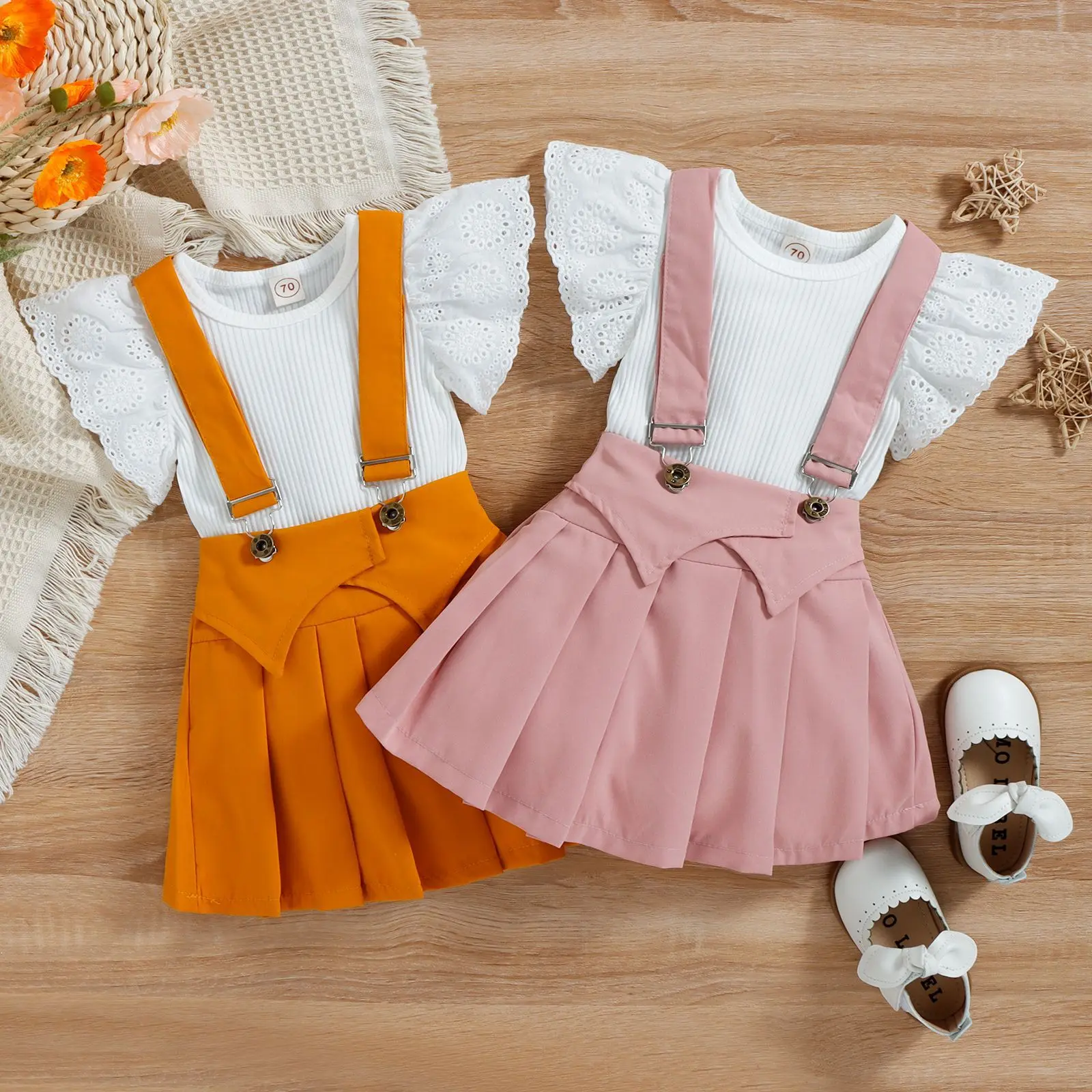 0-18M Dress For Girls Baby Clothes Newborn Jumpsuit Lace Cut-Out Fly Sleeve Tops+Overalls Skirt Infant Outfit Evening Party Suit