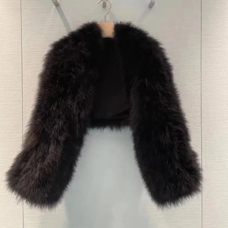 

Fashion Classic Trendy Luxury Designer Cloth Artificial Fox Fur Grass Coat Cardigan Black Super Short Top
