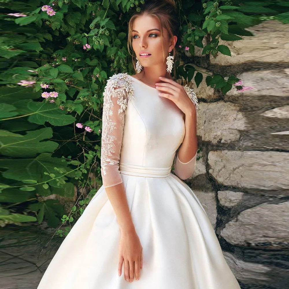 

Modesty Half Sleeves Wedding Dresses Lace Appliques Beaded Corset Back Ladies Bridal Gowns A-Line Beach Vestidos De Mariee