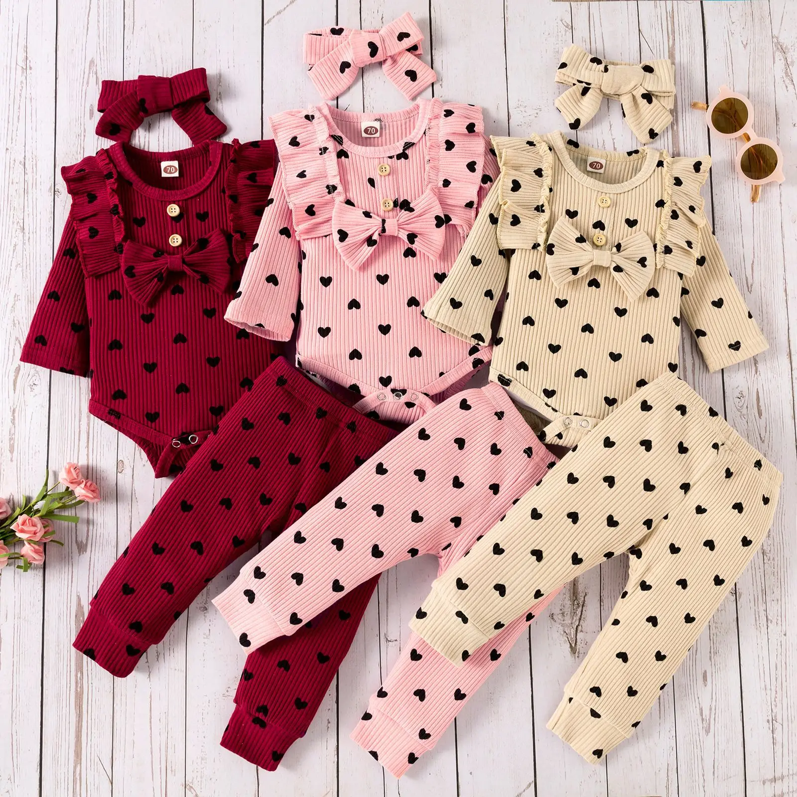 

Infant Kids Baby Girls Rompers Solid Color Pit Love Wood Ear Long Sleeve Chest Row Bow Rompers Pants Headdress Baby Clothes