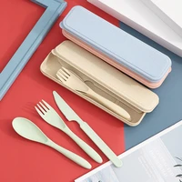 3pcs tableware set knife fork spoon set wheat straw dinnerware with box for children adult travel portable kitchen accessories