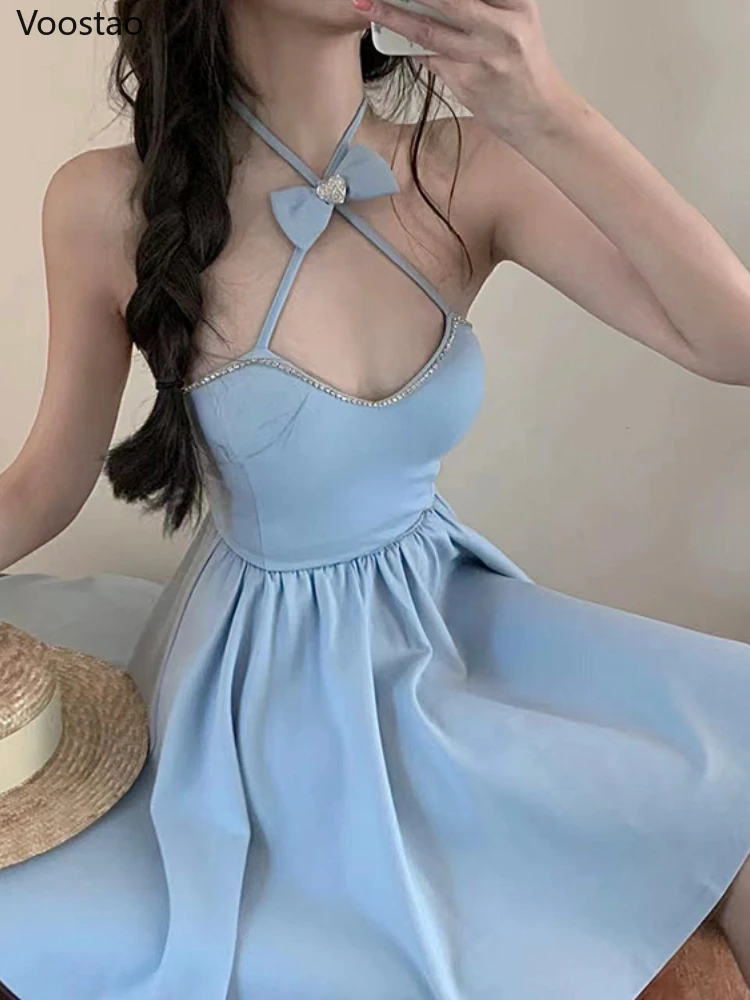 

Summer Sweet Blue Bow Strap Dress Women Elegant Sexy Party Mini Dresses Fashion Female Chic High Waist Beach Holiday Vestidos