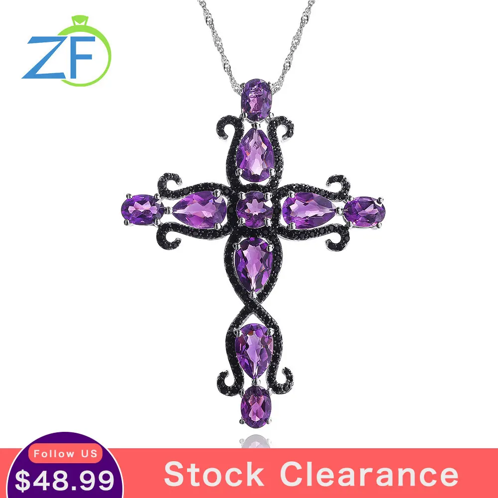 

GZ ZONGFA Genuine 925 Sterling Silver Cross Pendant Women Natural Amethyst Black Spinel Necklace 14K Gold Plated Fine Jewelry