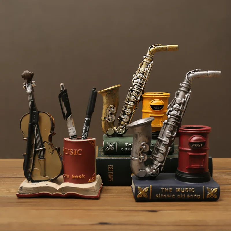 

Stand Organizer Pen Resin Decoration Retro Stationery Holder Storage Saxophone Desk Bookends Display Violin Vintage Pencil