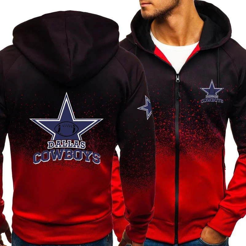 

New Spring Autumn Men Casual Dallas Cowboys Logo Hoodies HipHop Harajuku Gradient Color Fleece Hooded Sweatshirts Zipper Jacket