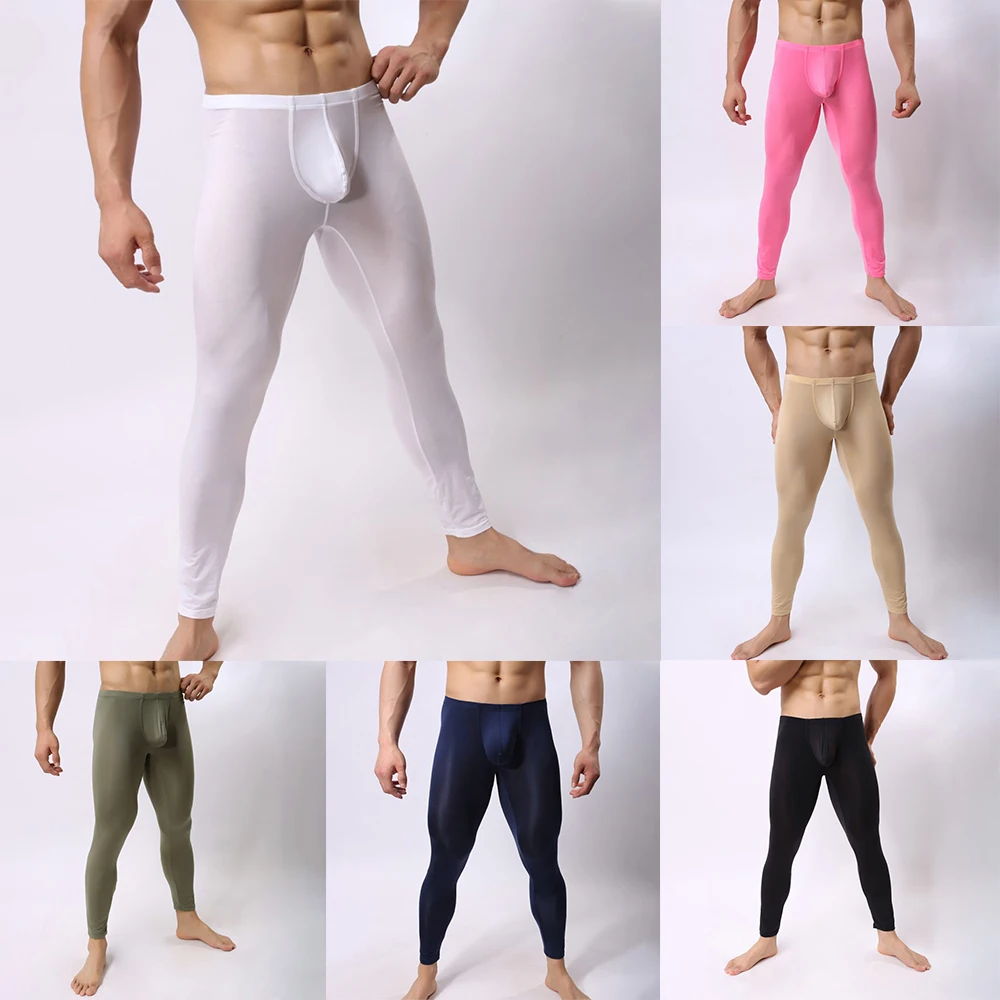Mens Long Johns Underwear Soft Ice Silk Elastic Sports Legging Pants Trousers Warm Leggings Base Layer Bottoms