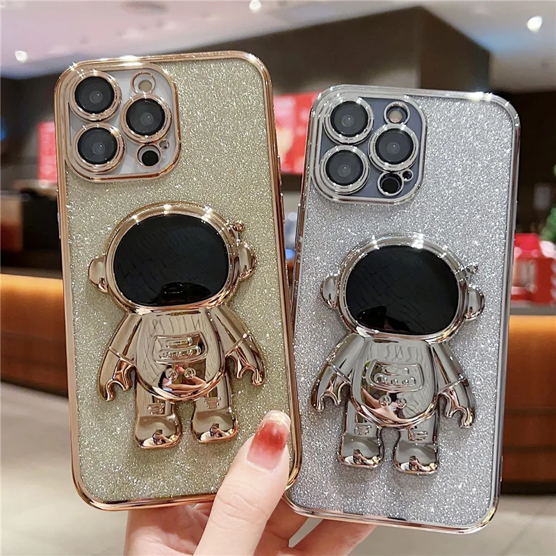 

Luxury 3D Astronaut Grip Holder Glitter Case for iPhone 14 Pro Max 13 Pro 11 XR X Xs 7 8 Plus Spaceman Phone Stand Cover 12