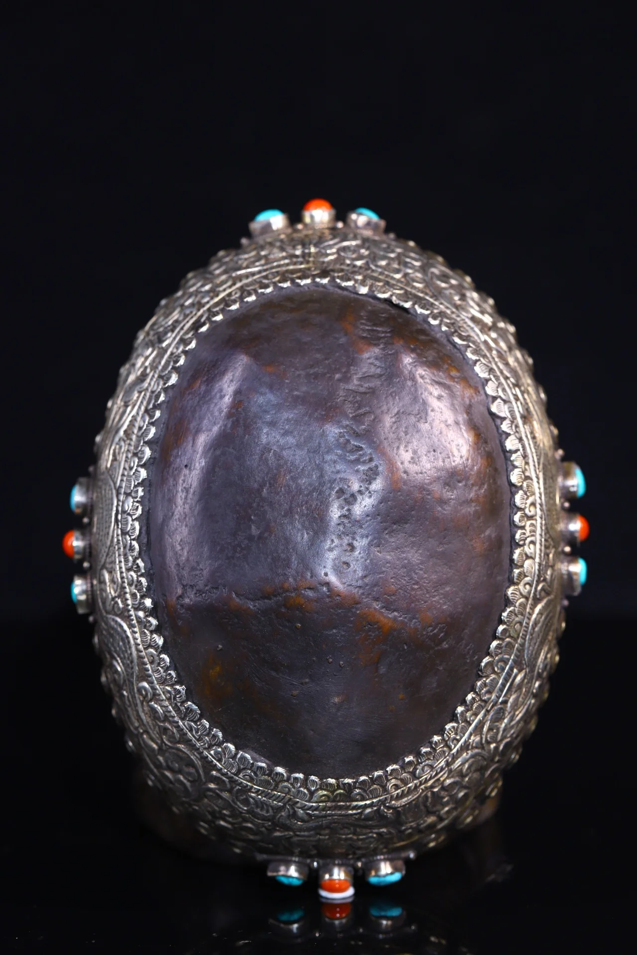 

7" Tibetan Temple Collection Old Gabala Tibetan silver Gem skull head Gabala Bowl Buddhist utensils Town House Exorcism