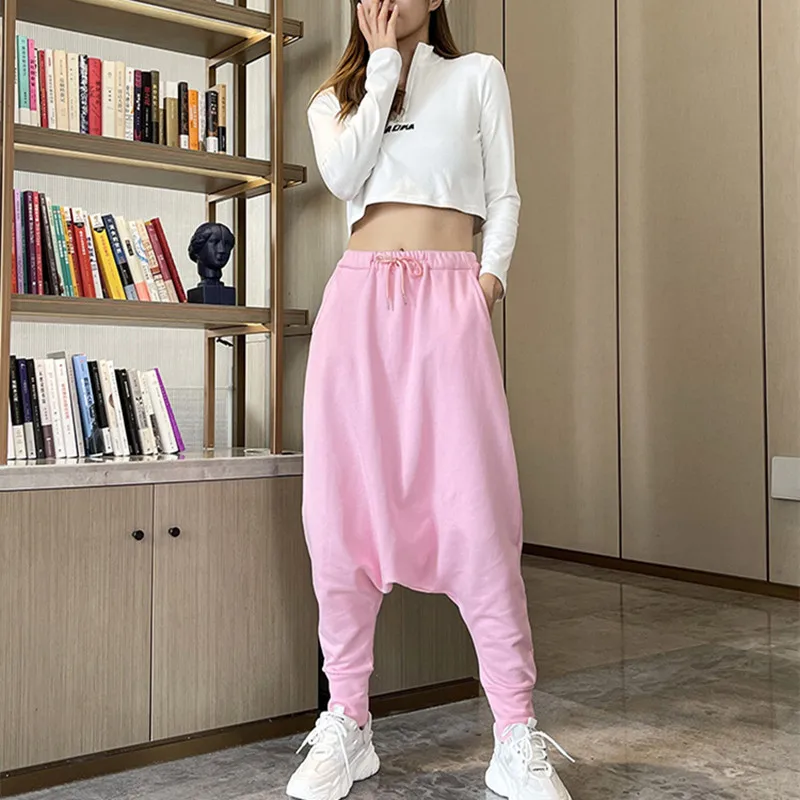 

Весенние Новые корейские модные женские подвесные брюки большого размера из чистого хлопка с низким шаговым швом длинные брюки Одежда для ...