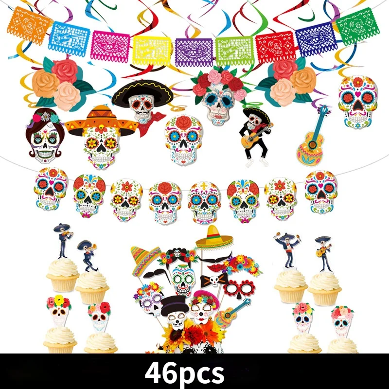 

Mexico Day of The Dead Theme Party Decoration Banners PVC Spiral Pendants Ghost Festival Paper-cut Plastic Flags Halloween Decor