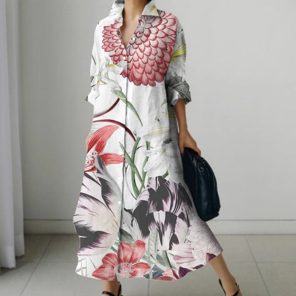 Платье-рубашка с длинным рукавом и принтом листьев