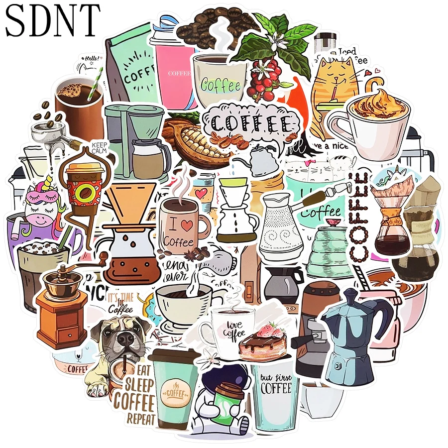 

10/50 PCS Cute Cartoon Coffee Stickers for Laptop Skateboard Phone Case Water Bottles Waterproof Stickers Pack for Kids Toys