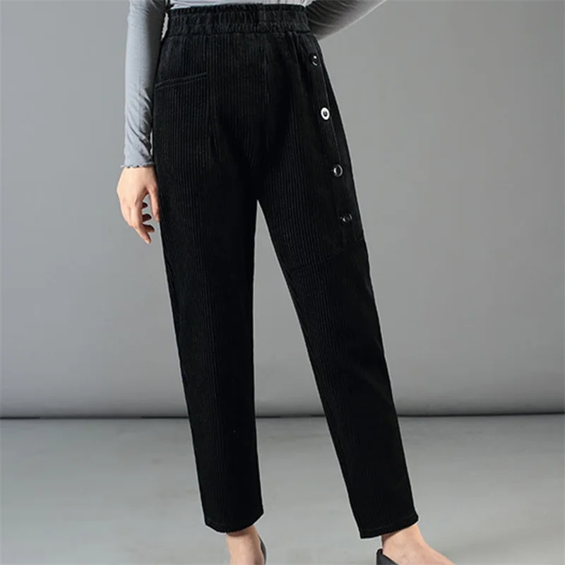 

Corduroy Pants For Women Winter Thicken New Warm High Waist Solid Color Baggy Harem Pants Comfort All-Match Mom Trousers