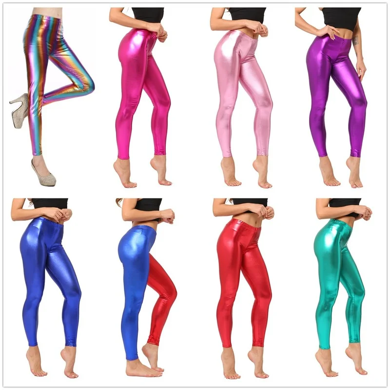 

Women Shiny Metallic Sports Leggings Bright Pencil Pant Fitness Fashion Leather Gold Silver Jeggings Candy Color Trousers
