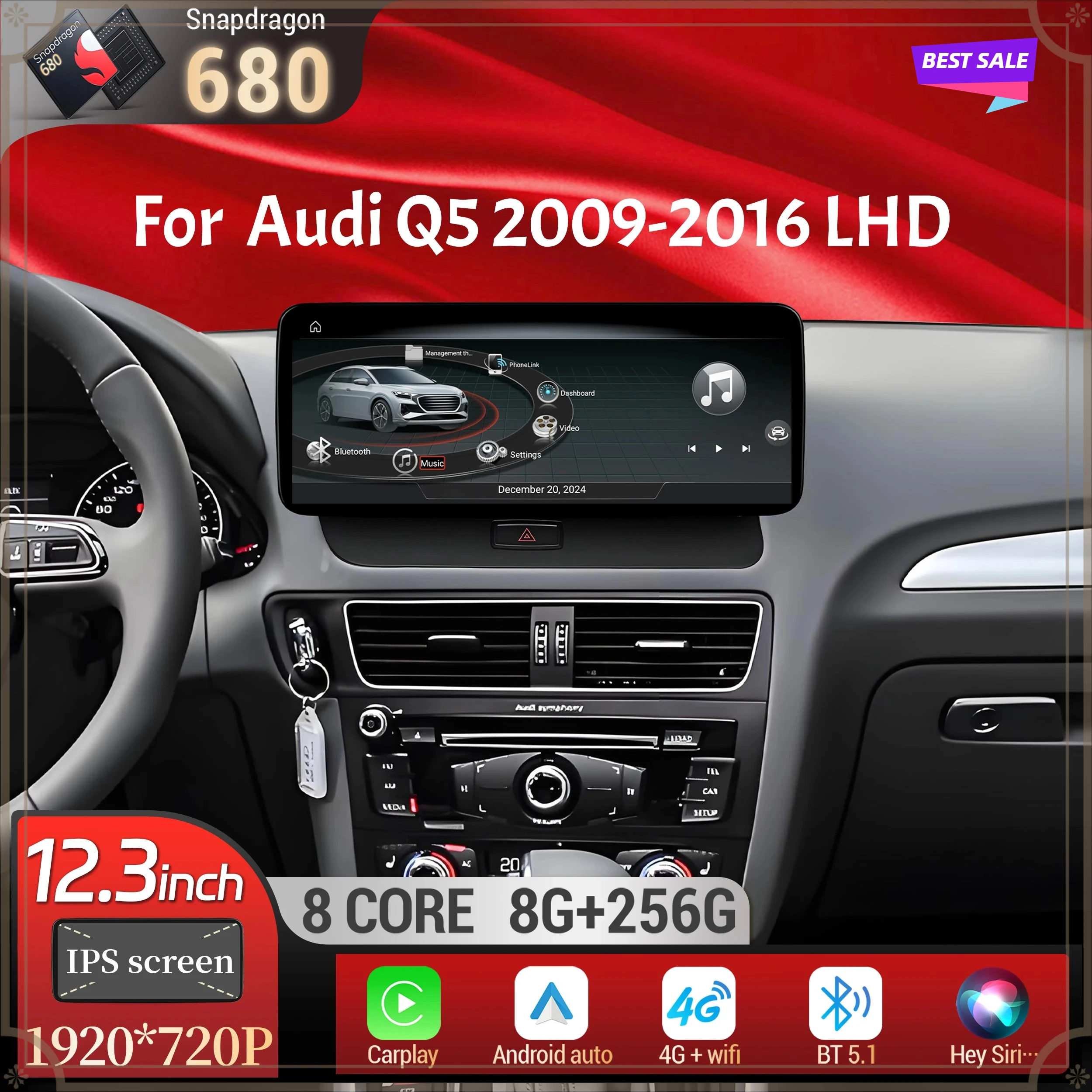 Фото Для Audi Q5 2009-2016, 12.3-дюймовый Android 14, леворульный автомобильный радиоприемник, беспроводной BT Carplay, система Qualcomm Snapdragon 680, экран. №1