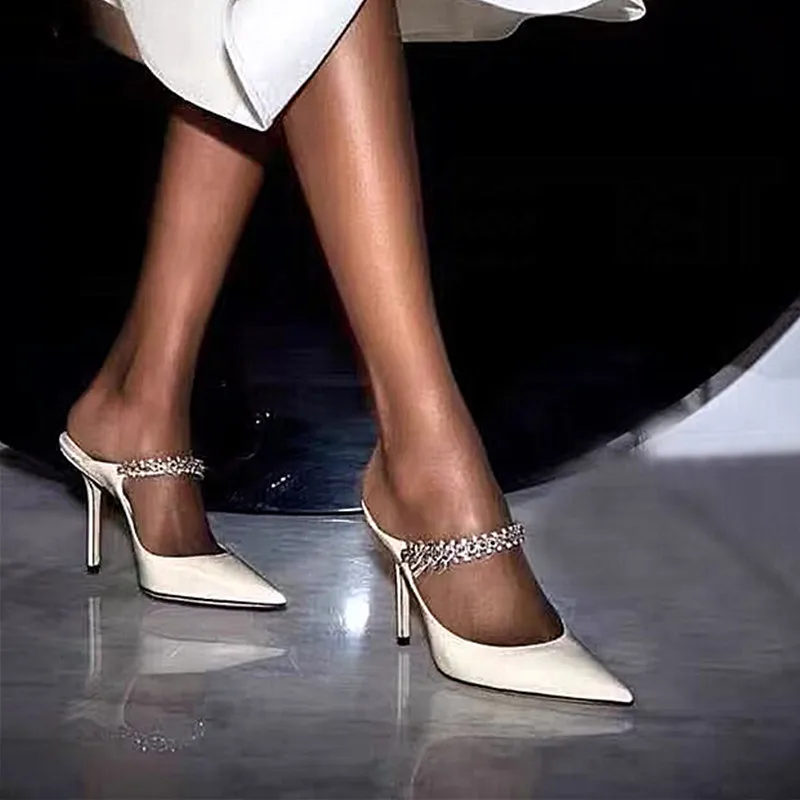 Spring and summer new high-heeled shoes Muller shoes pointed rhinestone chain fashion banquet Baotou stiletto ladies sandals