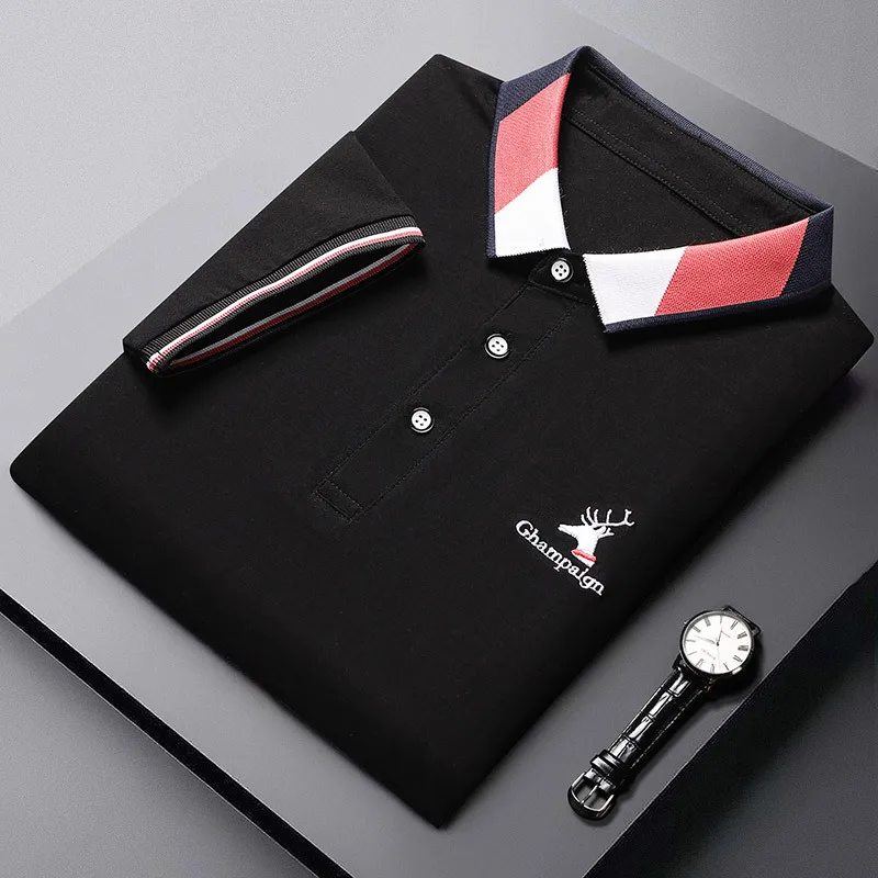 

Ice silk cotton men's short-sleeved polo shirt summer new light business men‘’s lapel T-shirt overalls. oversized t shirt