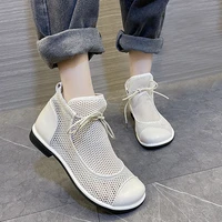 sandals women round head retro lace up ankle boots women hollow mesh casual off white single shoes fashion british style booties
