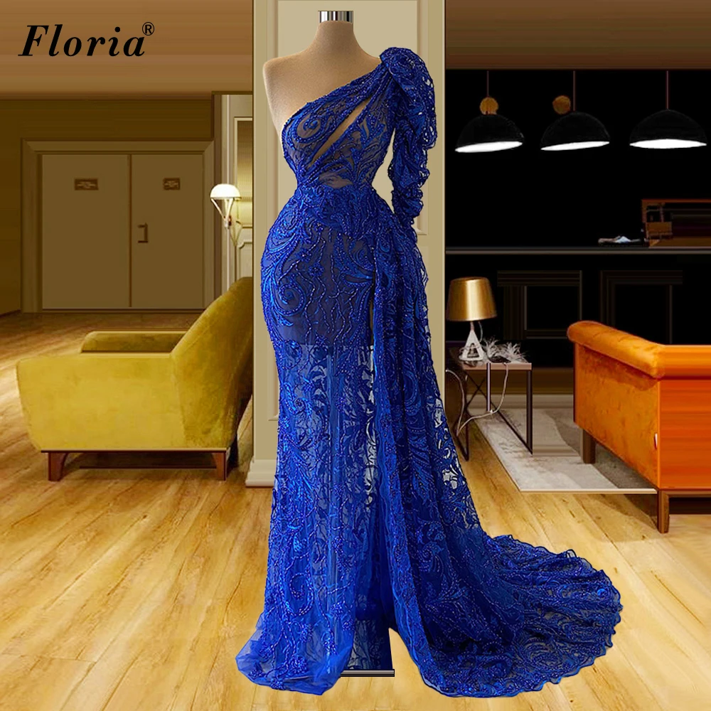 

Middle East Royal Blue Lace Evening Dresses With Beads One Shoulder Arabic Evening Gowns Mermaid Vintage Prom Party Gowns Custom