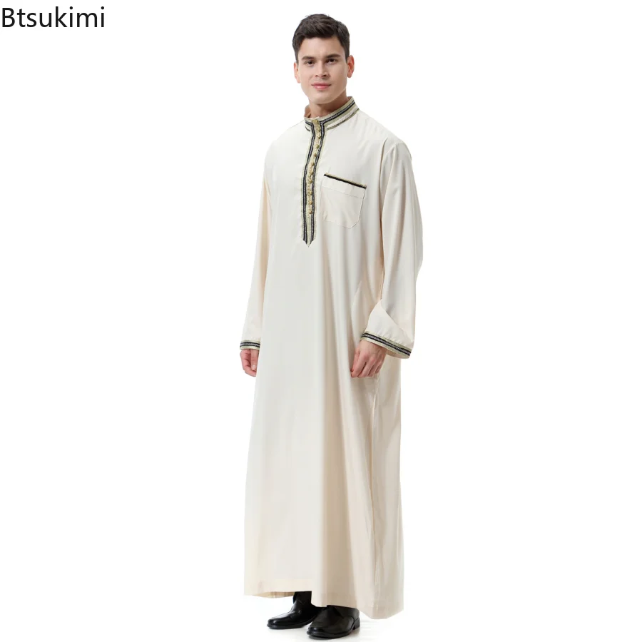 Muslim Men O-Neck Arabic Abaya Islamic Clothing Dubai Kaftan Long Sleeves Adult Jubba Thobe Pakistan Men Clothing Prayer Clothes