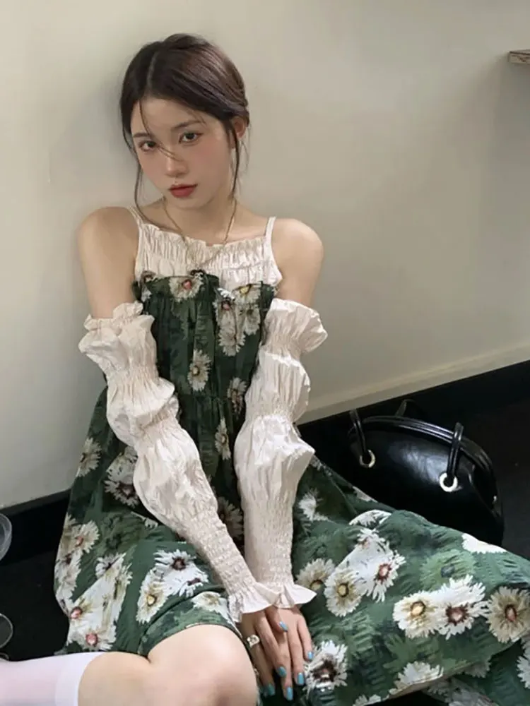 

Floral Sling Dress Women French First Love Style Off Shoulder 2022 Summer Fashion Temperament Long-sleeved Female Summer Trend