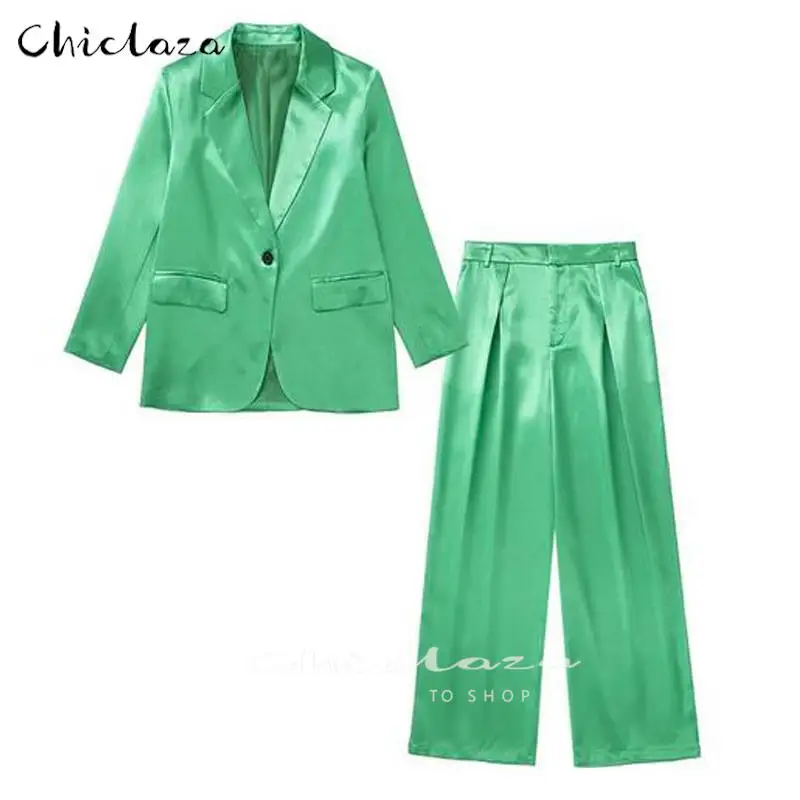 

CHICLAZA 2022 Spring Autumn Women Fashion Straight Satin Texture Top Coat Female Vintage Long Sleeve Trousers + Blazer Suit